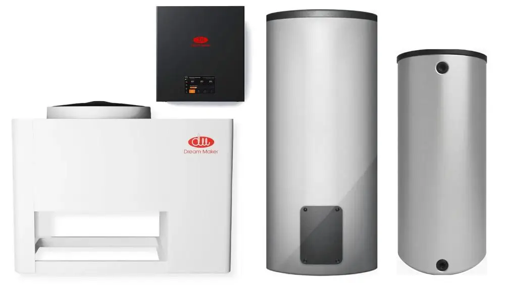 System zur Wärme- und Wasserversorgung von Dream Maker, bestehend aus einem kompakten Gehäuse, einem Hydraulikmodul und zwei Speichern in silberner und weißer Farbe.